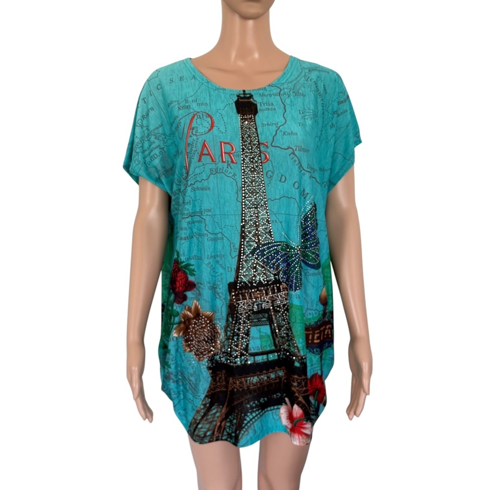 Aronia Paris Eiffel Tower Map Rhinestone Tunic Top Teal Blue One Sz Euro McBling